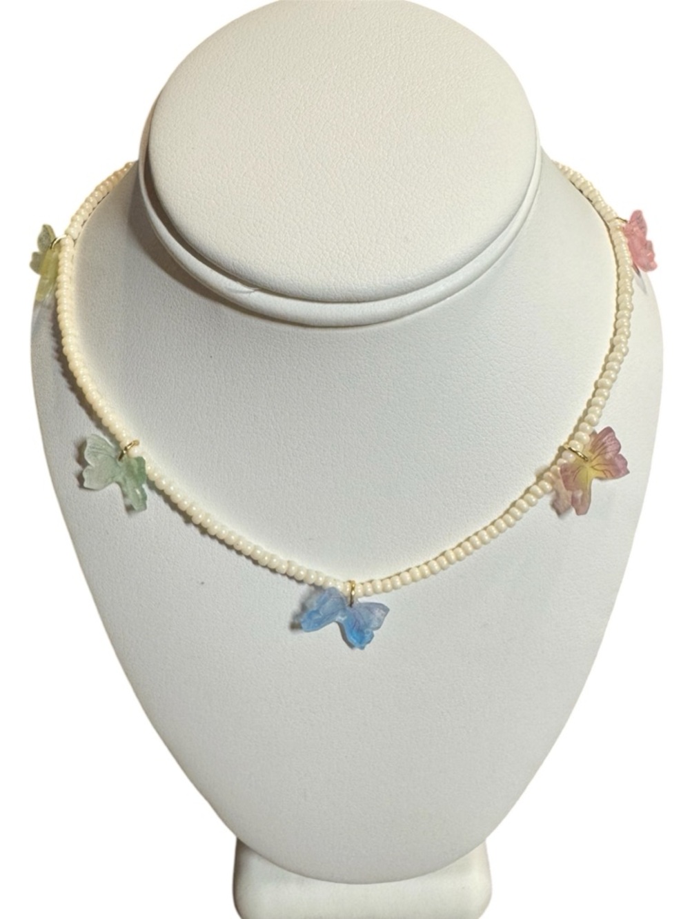 *Pastel Butterfly Beaded Necklace White Seed Beads Adjustable Gold Tone Clasp